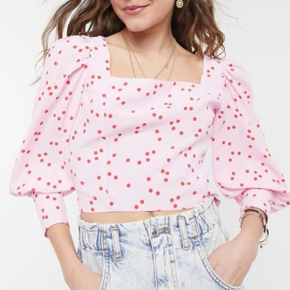Miss Selfridge Tops - Miss Selfridge SQUARE NECK TOP WITH PUFF SLEEVES IN RED POLKA DOT-PINK, SZ 8 EUC